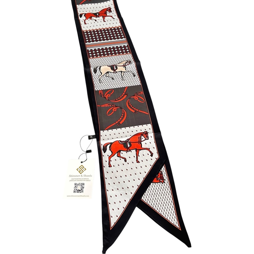 Black and Grey Equestrian Silky Skinny Satin Scarf – Double-Sided - Picture 6 of 8